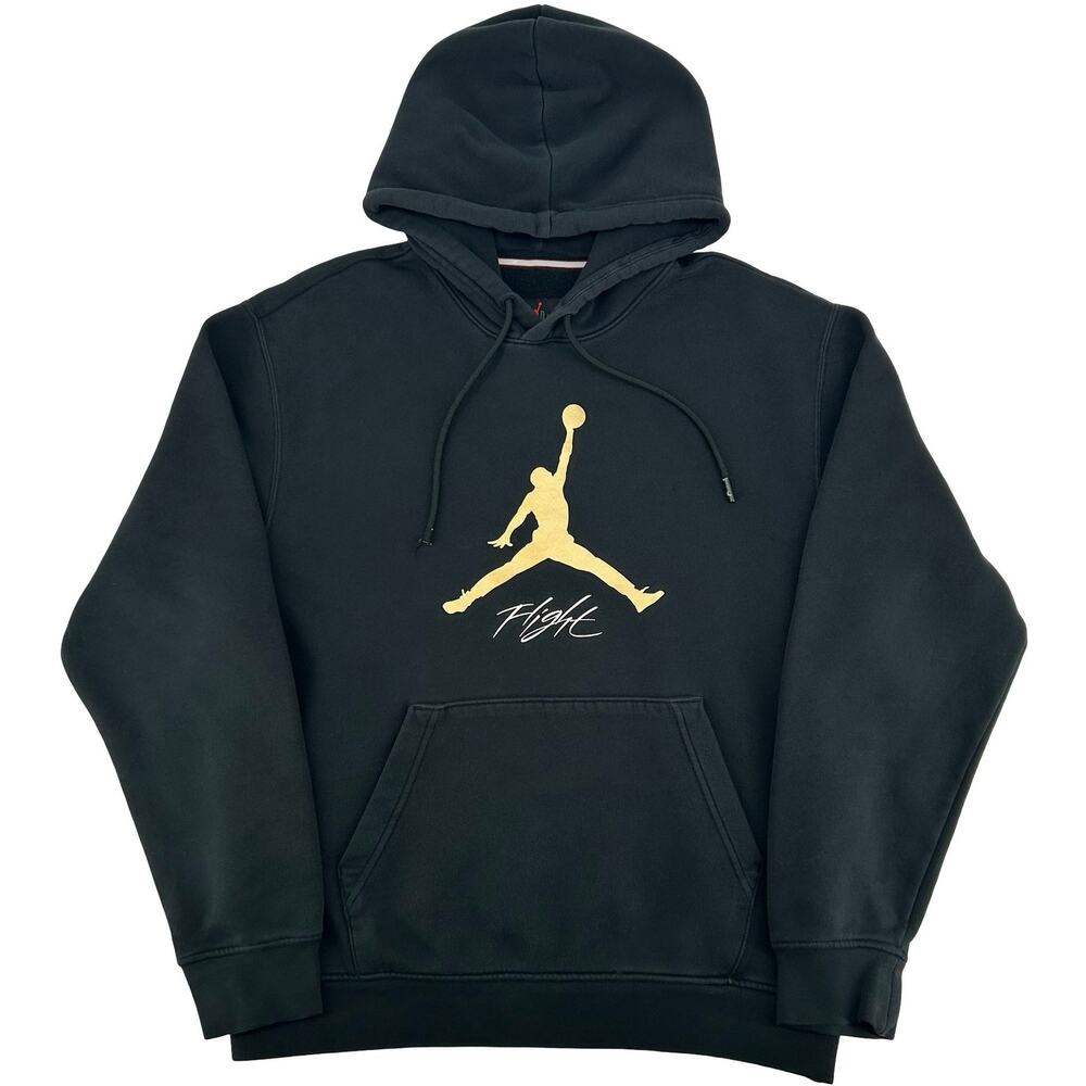 Mens Black Gold Nike Jordan Jumpman Flight Fleece Essential Baseline Hoodie Sz S - Picture 1 of 9